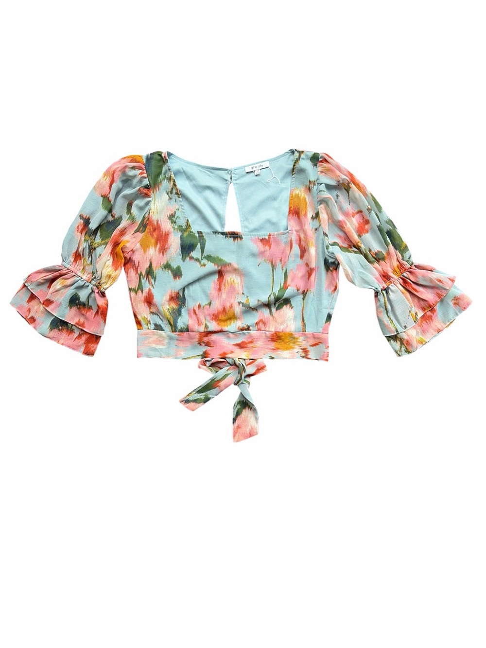 BTFL-Life Abstract Watercolor Floral Open Back Tie Blouse Size Medium NWOT